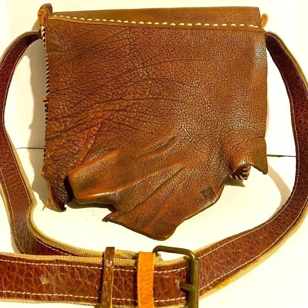 Handmade vintage brown sheepskin leather unisex bag